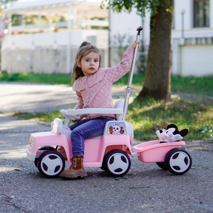 Masinuta pentru copii 4 in 1, Kinderplay FunnyBunny 60W 6V, cu telecomanda si remorca, roz [3]