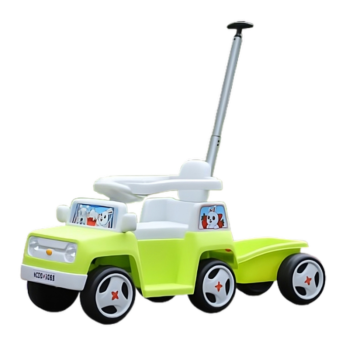 Masinuta pentru copii 4 in 1, Kinderplay FunnyBunny 60W 6V, cu telecomanda si remorca, verde