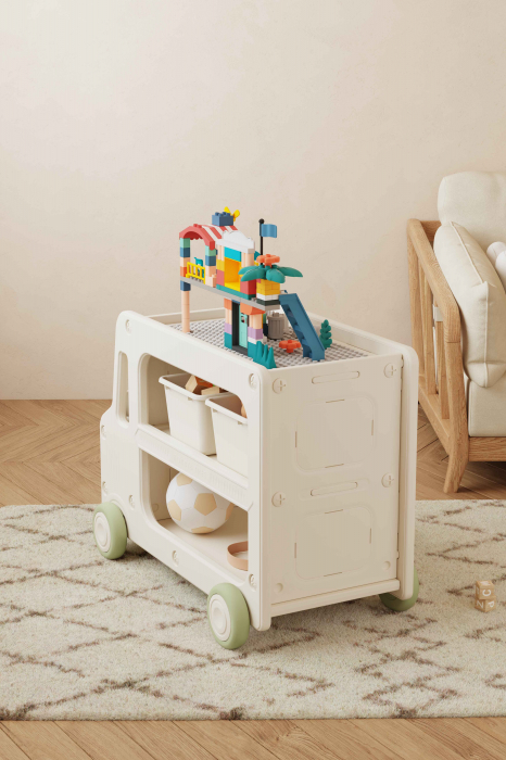 Organizator de jucării Kinderplay tip autobuz, multifuncțional, placa suport pentru piese lego, accesorii incluse, verde [13]