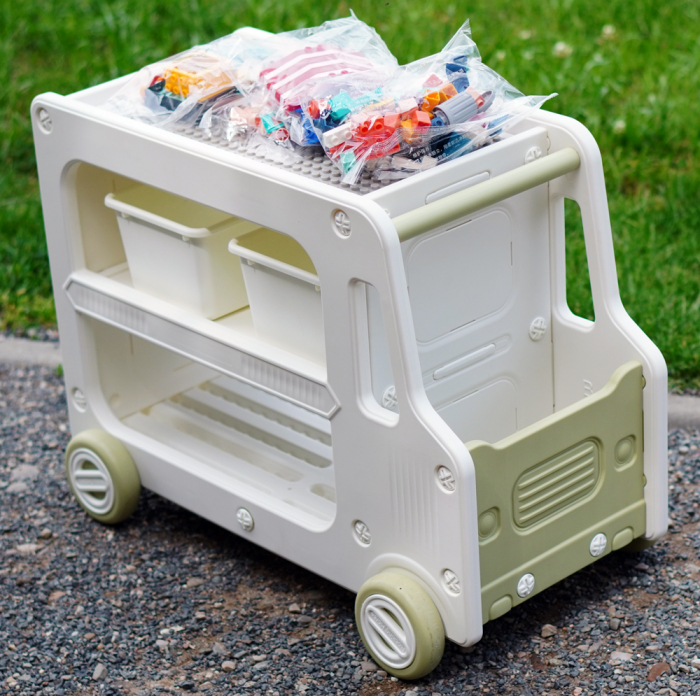 Organizator de jucării Kinderplay tip autobuz, multifuncțional, placa suport pentru piese lego, accesorii incluse, verde [3]