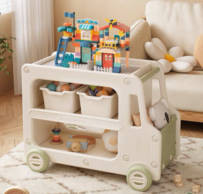 Organizator de jucării Kinderplay tip autobuz, multifuncțional, placa suport pentru piese lego, accesorii incluse, verde [14]