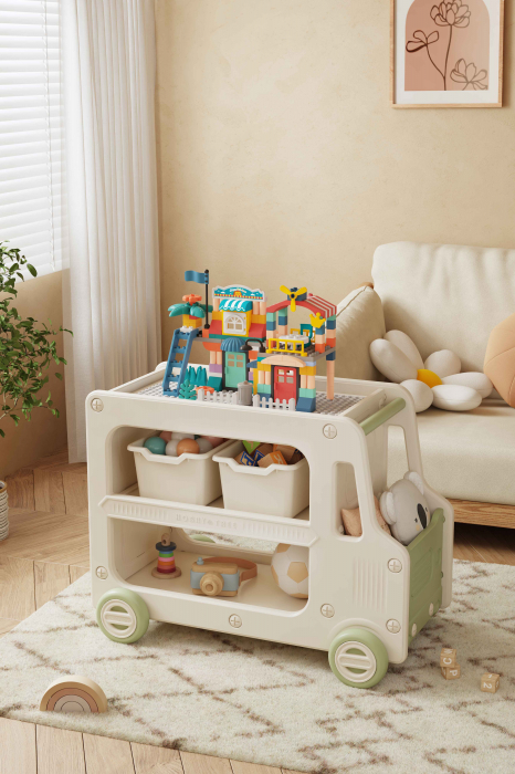 Organizator de jucării Kinderplay tip autobuz, multifuncțional, placa suport pentru piese lego, accesorii incluse, verde [12]
