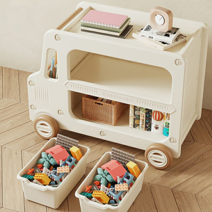 Organizator jucării Kinderplay forma autobuz cu roti, multifuncțional, suport pentru piese lego, cafeniu [4]