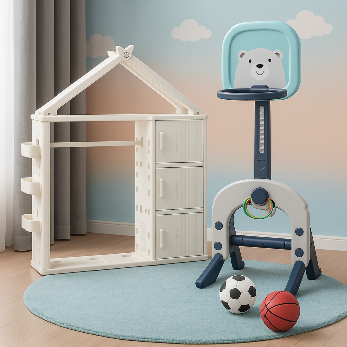Pachet Kinderplay Joaca si Organizare ,   Dulapior pentru copii + Centru de activitati 3 in 1 cu cos de baschet, poarta de fotbal si mingi incluse