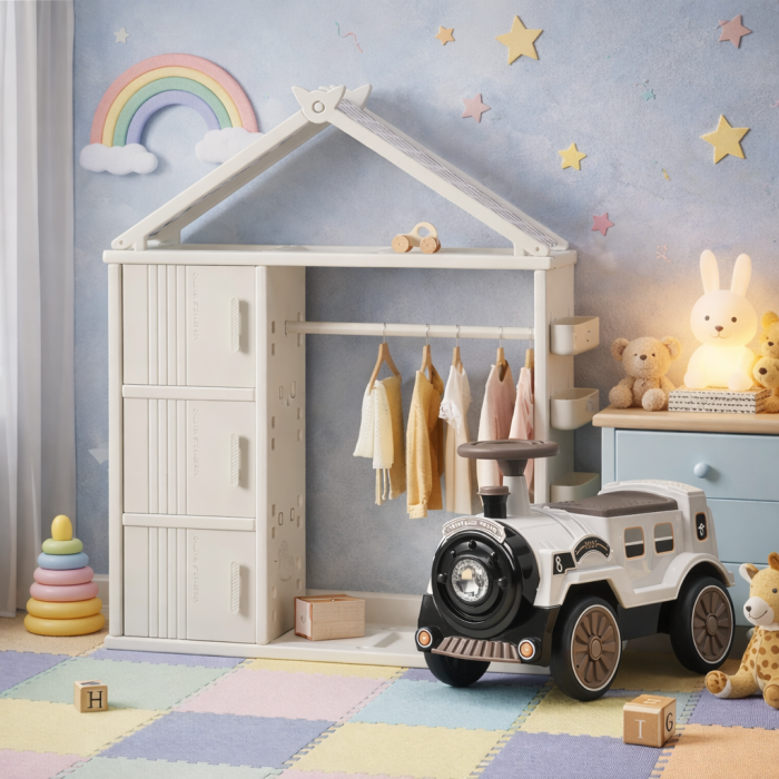 Pachet promo Kinderplay, dulapior tip casuta pentru organizare si premergator trenulet vintage pentru copii [1]