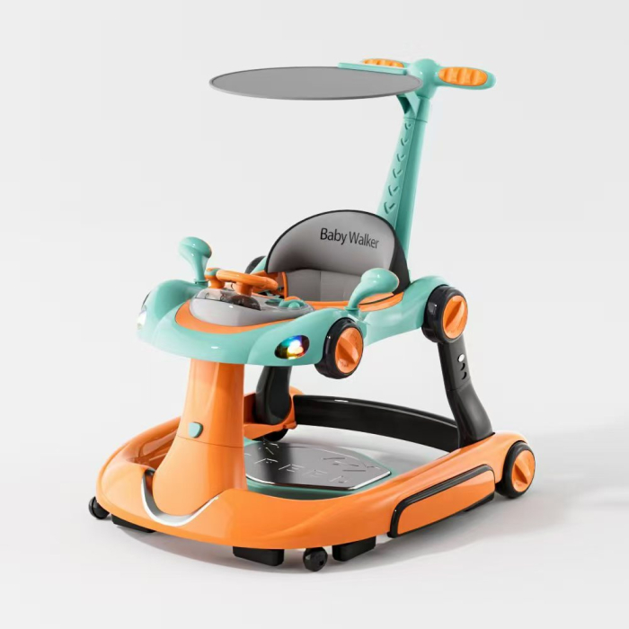 Premergator Kinderplay Walker 5 in 1 pentru copii 6-18 luni, balansoar, jumper, maner parental, parasolar, volan, lumini si muzica, reglabil si pliabil, orange [2]
