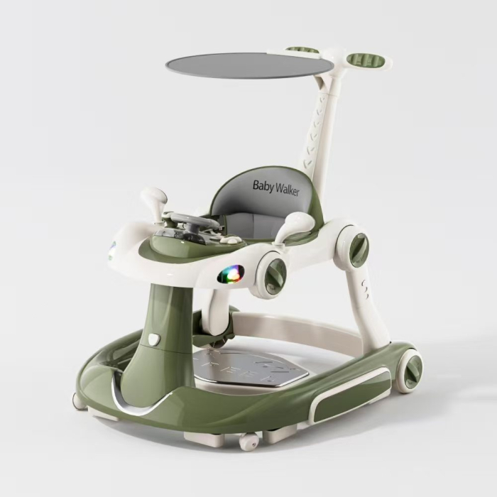 Premergator Kinderplay Walker 5 in 1 pentru copii 6-18 luni, balansoar, jumper, maner parental, parasolar, volan, lumini si muzica, reglabil si pliabil, verde [2]