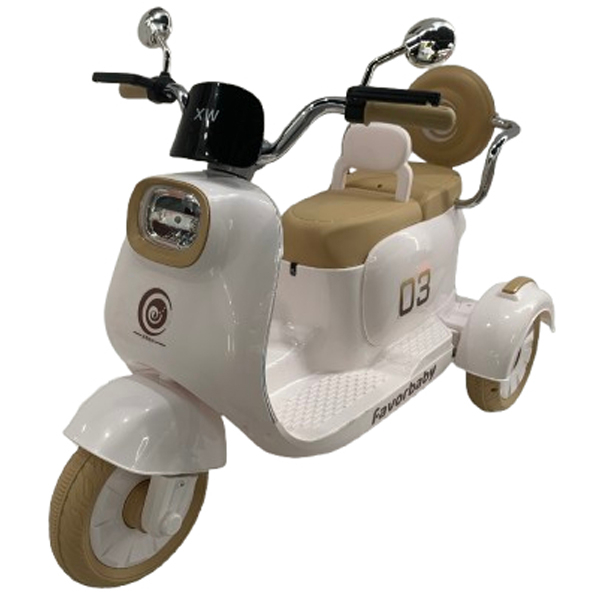 Scuter electric FavorBaby cu 3 roti pentru copii, 2 locuri, telecomanda inclusa, 70W, music player, efecte sonore si luminoase, alb