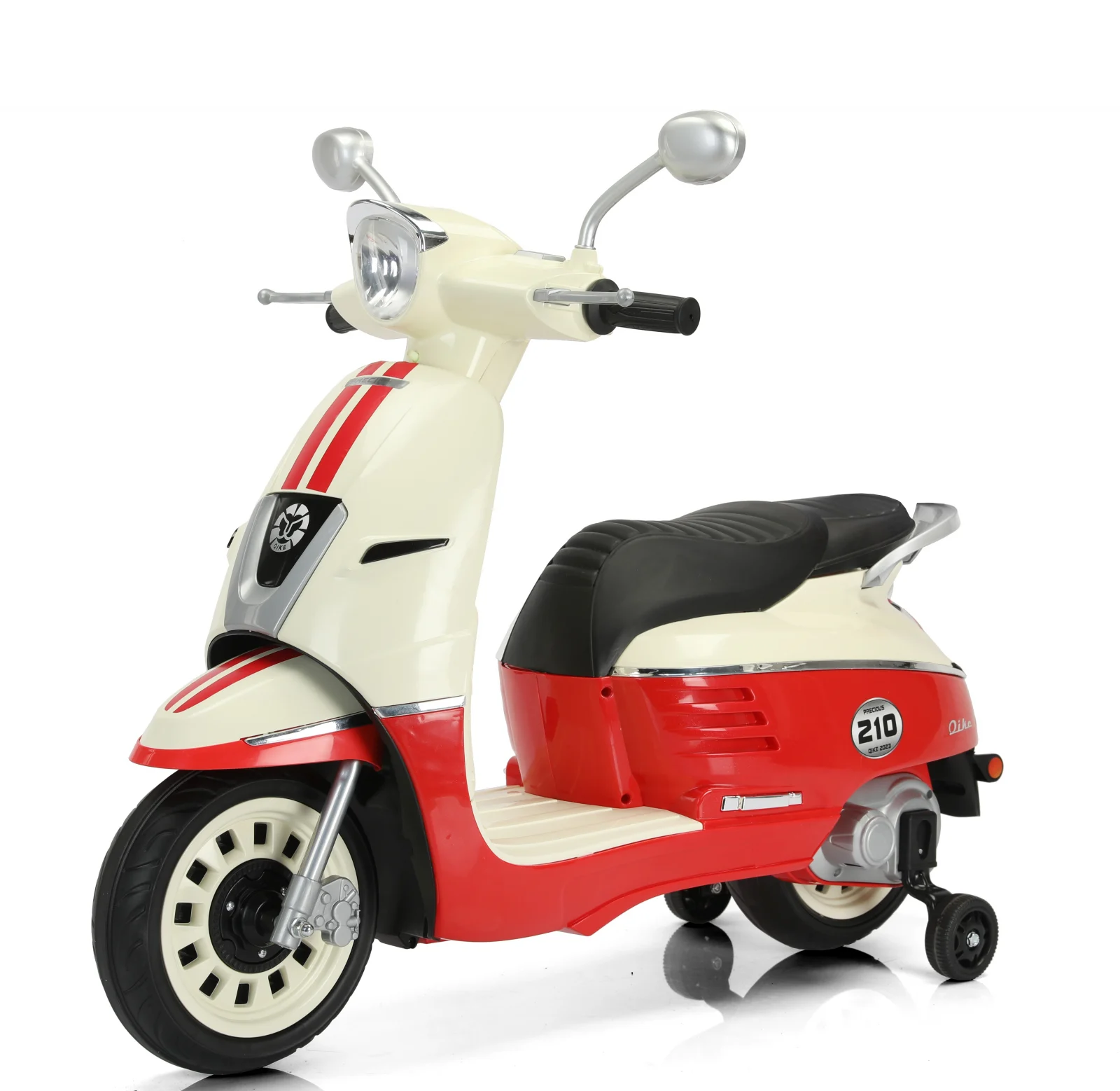 Scuter electric pentru copii, Kinderplay Retro, 2 locuri, 70W, 12V-7Ah, roti moi, scaun tapitat, player, bluetooth, rosu