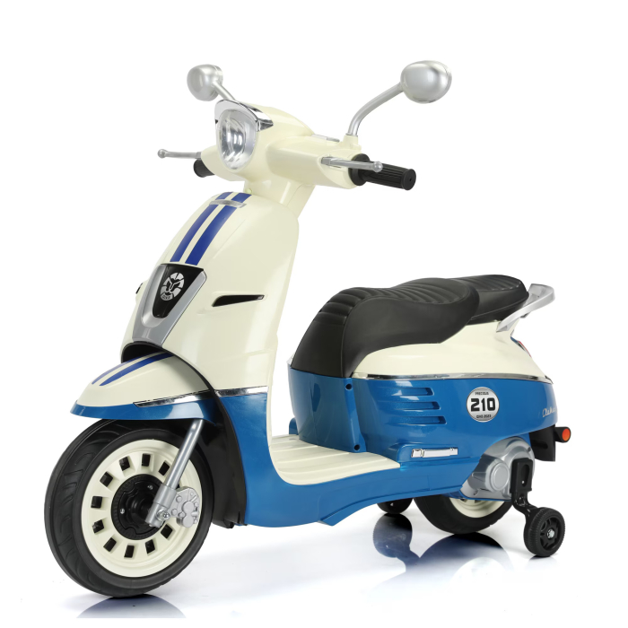 Scuter electric pentru copii Kinderplay Retro, cu 2 locuri, 70W, 12V, scaun tapitat, roti moi EVA, albastru