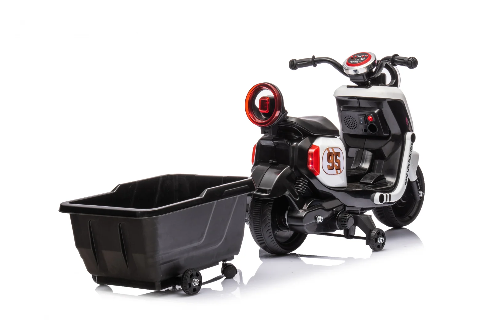 Scuter electric pentru copii, Kinderplay Scooty, remorca inclusa, telecomanda control parental, 70W, 6V 7Ah, alb [5]