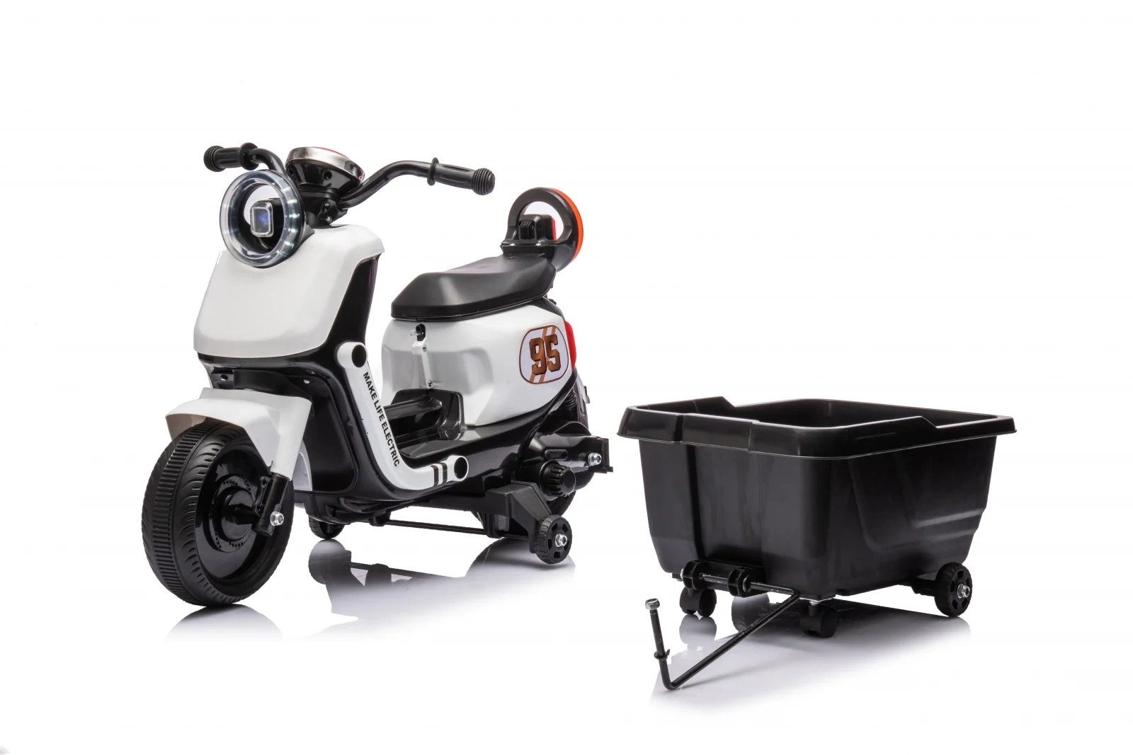 Scuter electric pentru copii, Kinderplay Scooty, remorca inclusa, telecomanda control parental, 70W, 6V 7Ah, alb [10]