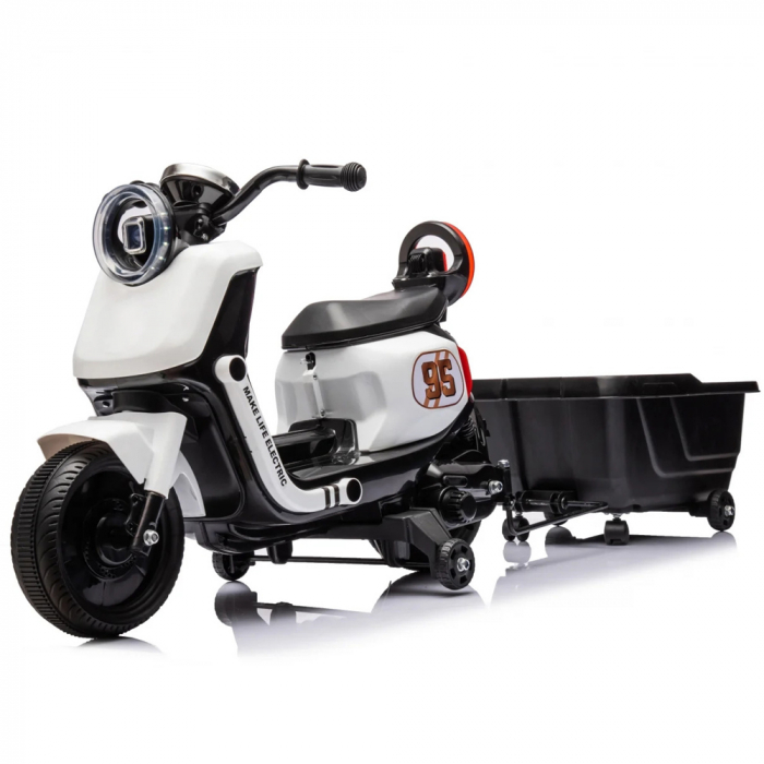 Scuter electric pentru copii, Kinderplay Scooty, remorca inclusa, telecomanda control parental, 70W, 6V 7Ah, alb