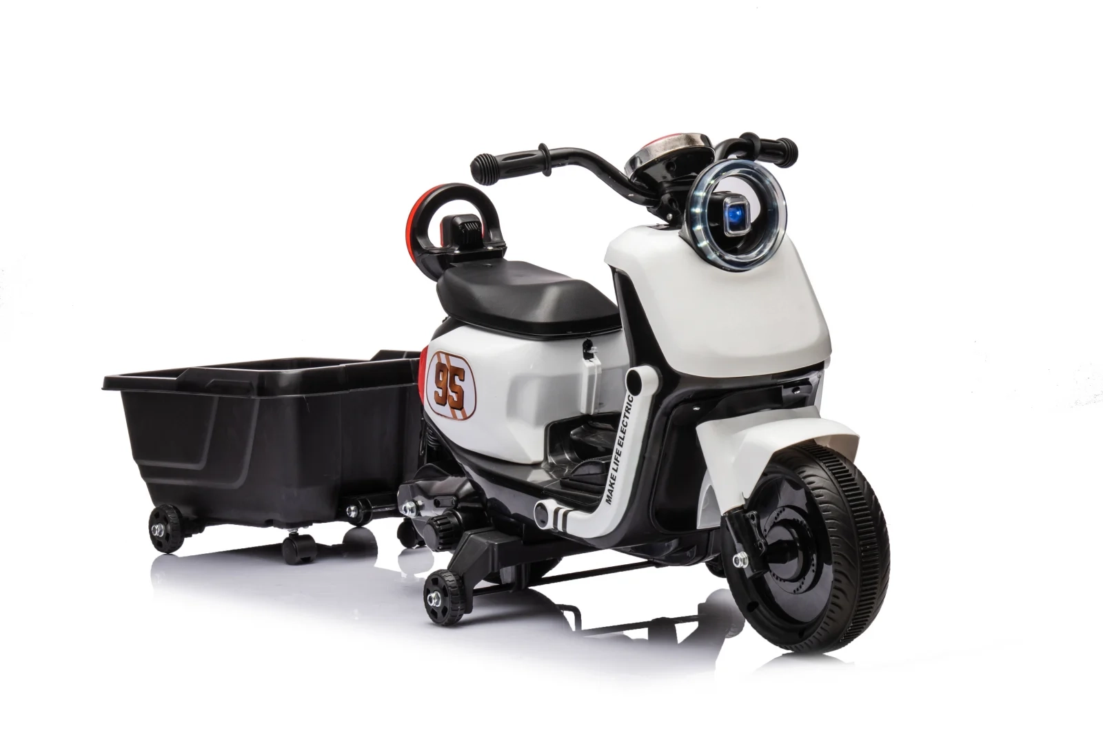 Scuter electric pentru copii, Kinderplay Scooty, remorca inclusa, telecomanda control parental, 70W, 6V 7Ah, alb [9]