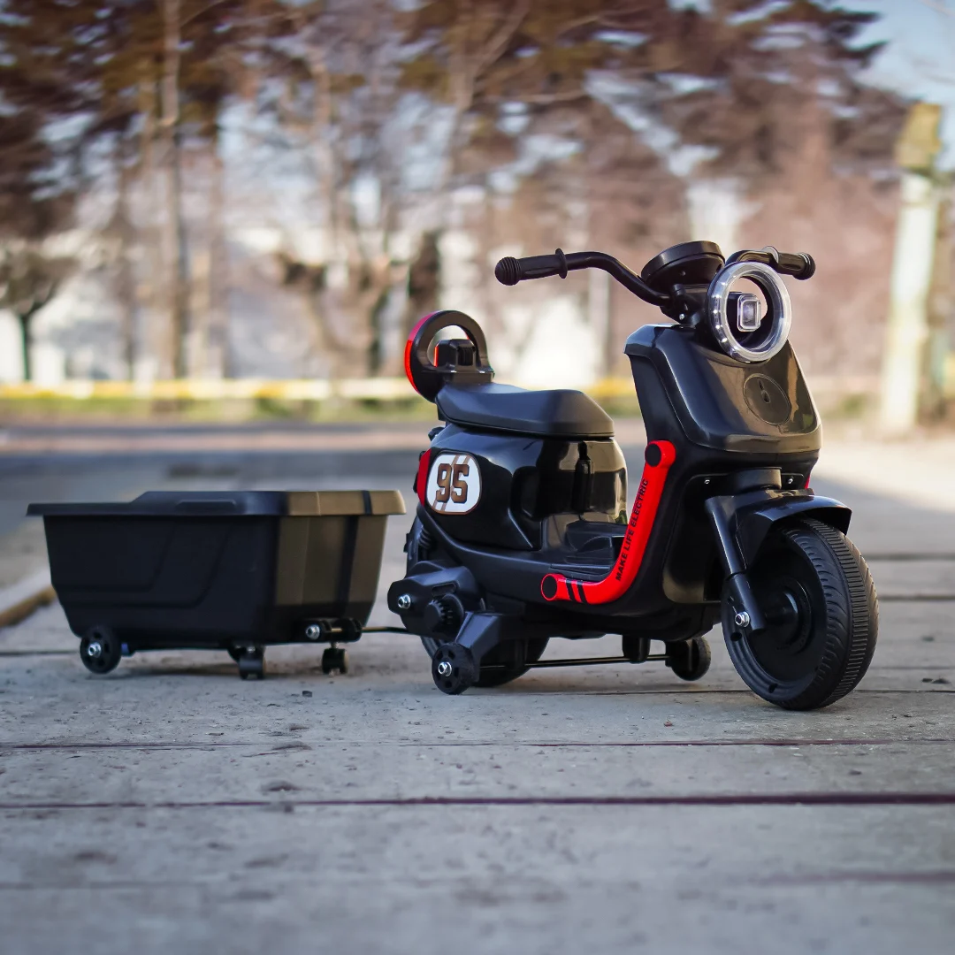 Scuter electric pentru copii, Kinderplay Scooty, remorca inclusa, telecomanda control parental, 70W, 6V 7Ah, negru [3]
