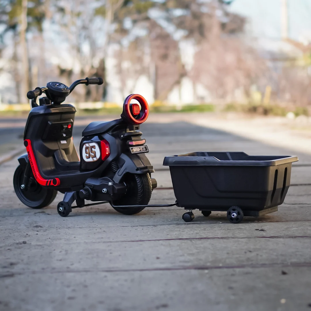Scuter electric pentru copii, Kinderplay Scooty, remorca inclusa, telecomanda control parental, 70W, 6V 7Ah, negru [4]