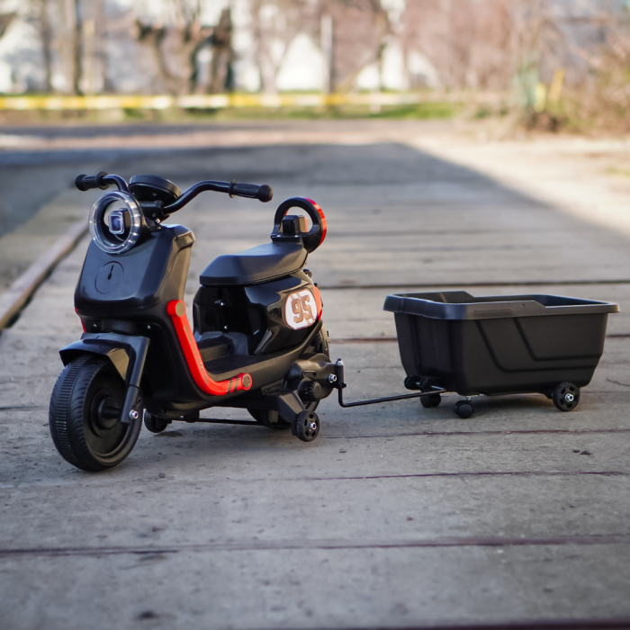 Scuter electric pentru copii, Kinderplay Scooty, remorca inclusa, telecomanda control parental, 70W, 6V 7Ah, negru [8]