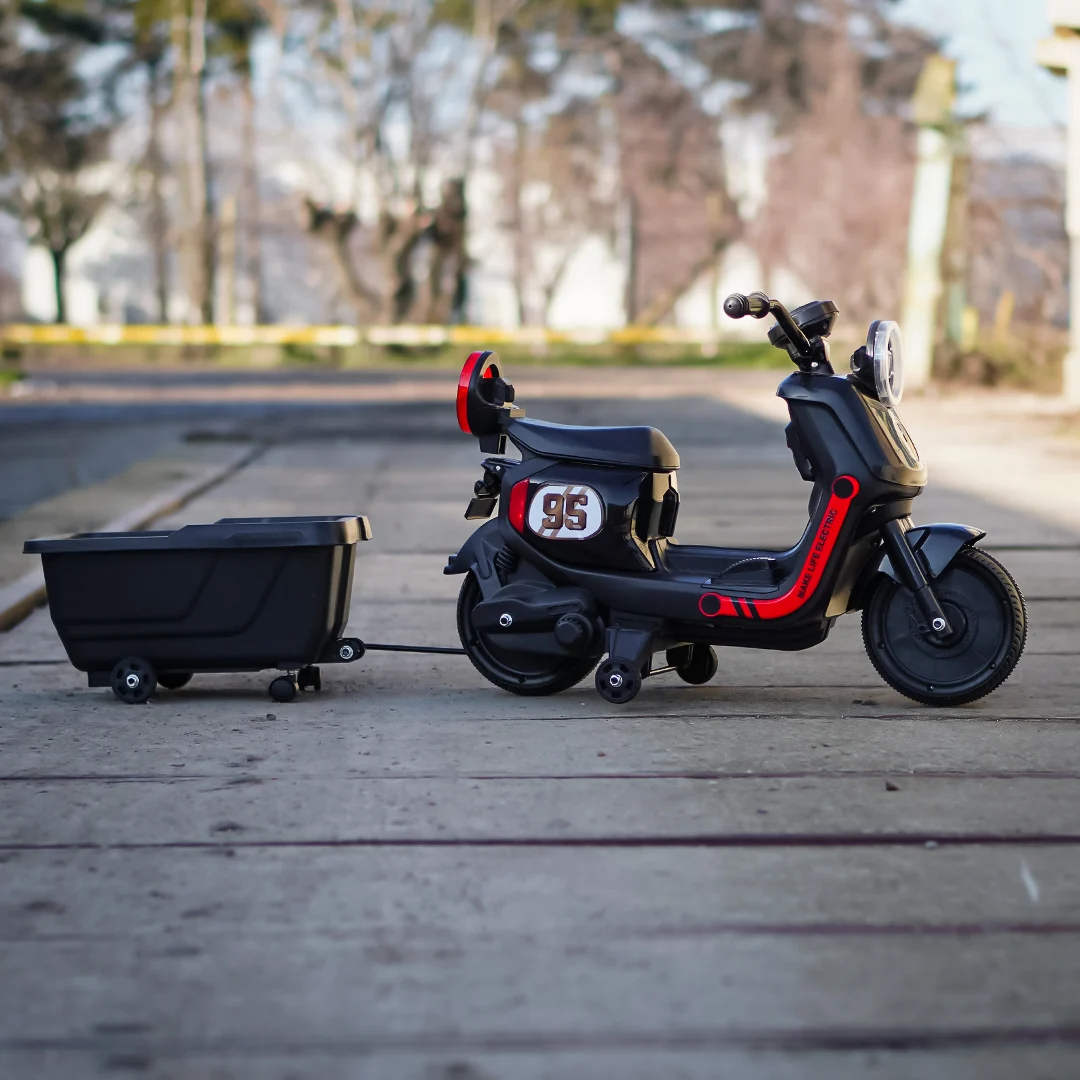 Scuter electric pentru copii, Kinderplay Scooty, remorca inclusa, telecomanda control parental, 70W, 6V 7Ah, negru [6]