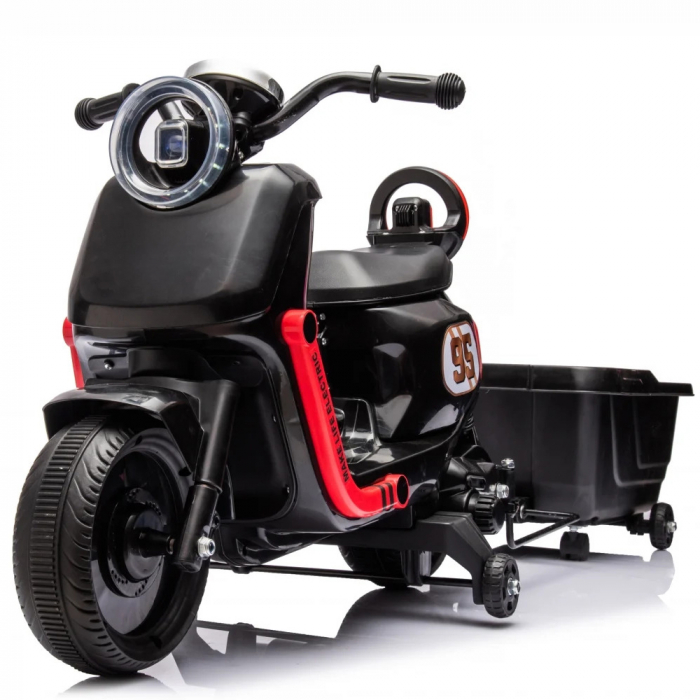 Scuter electric pentru copii, Kinderplay Scooty, remorca inclusa, telecomanda control parental, 70W, 6V 7Ah, negru