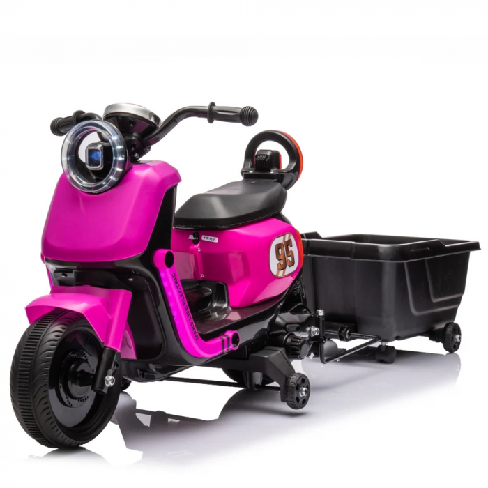 Scuter electric pentru copii, Kinderplay Scooty, remorca inclusa, telecomanda control parental, 70W, 6V 7Ah, roz