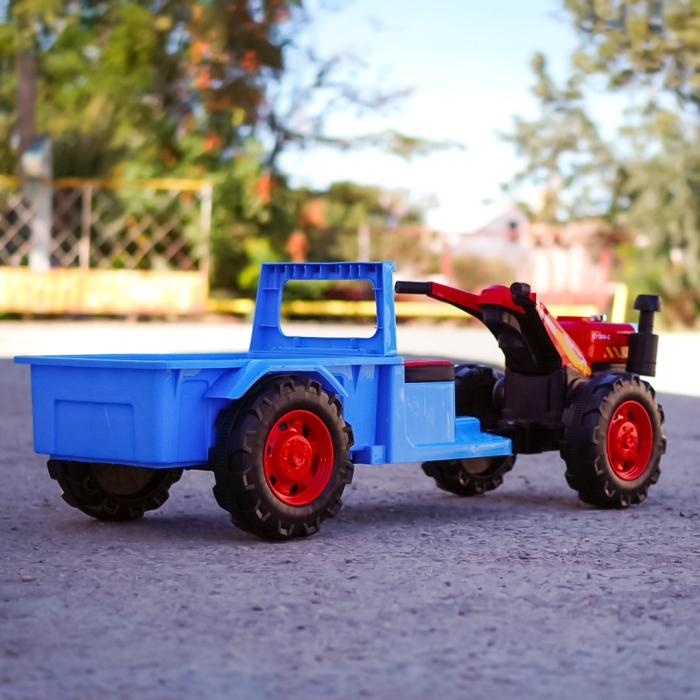 Tractoras electric cu remorca Kinderplay, pentru copii 3-6 ani, 70W 12V, telecomanda, scaun tapitat, albastru [5]