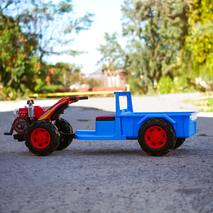Tractoras electric cu remorca Kinderplay, pentru copii 3-6 ani, 70W 12V, telecomanda, scaun tapitat, albastru [9]
