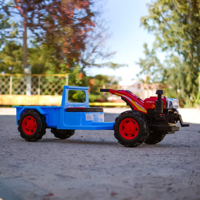 Tractoras electric cu remorca Kinderplay, pentru copii 3-6 ani, 70W 12V, telecomanda, scaun tapitat, albastru [7]