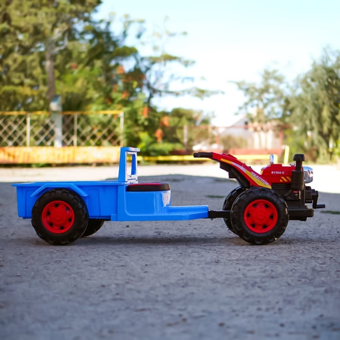Tractoras electric cu remorca Kinderplay, pentru copii 3-6 ani, 70W 12V, telecomanda, scaun tapitat, albastru [2]