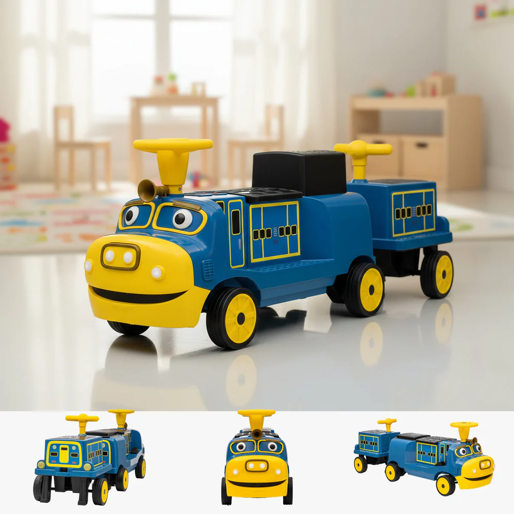 Trenulet electric CHUGGINGTON cu 2 vagoane extra, pentru 4 copii, 180W, 12V 7Ah roti moi, albastru [8]