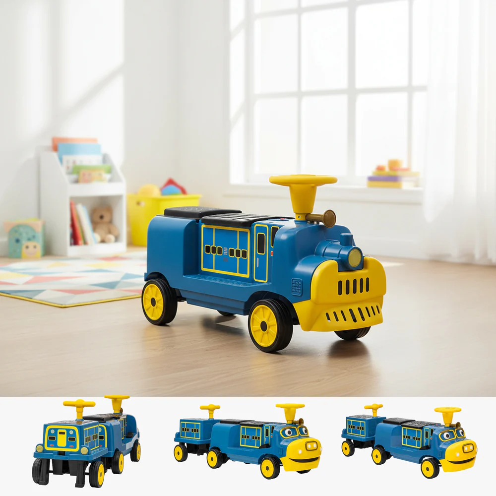 Trenulet electric CHUGGINGTON cu 2 vagoane extra, pentru 4 copii, 180W, 12V 7Ah roti moi, albastru [2]