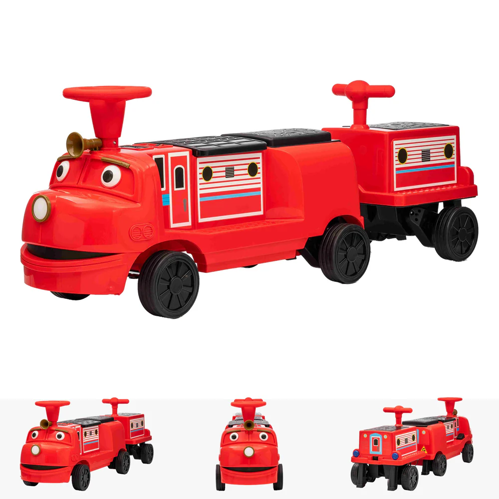 Trenulet electric CHUGGINGTON cu 2 vagoane extra, pentru 4 copii, 180W, 12V 7Ah roti moi, rosu [20]