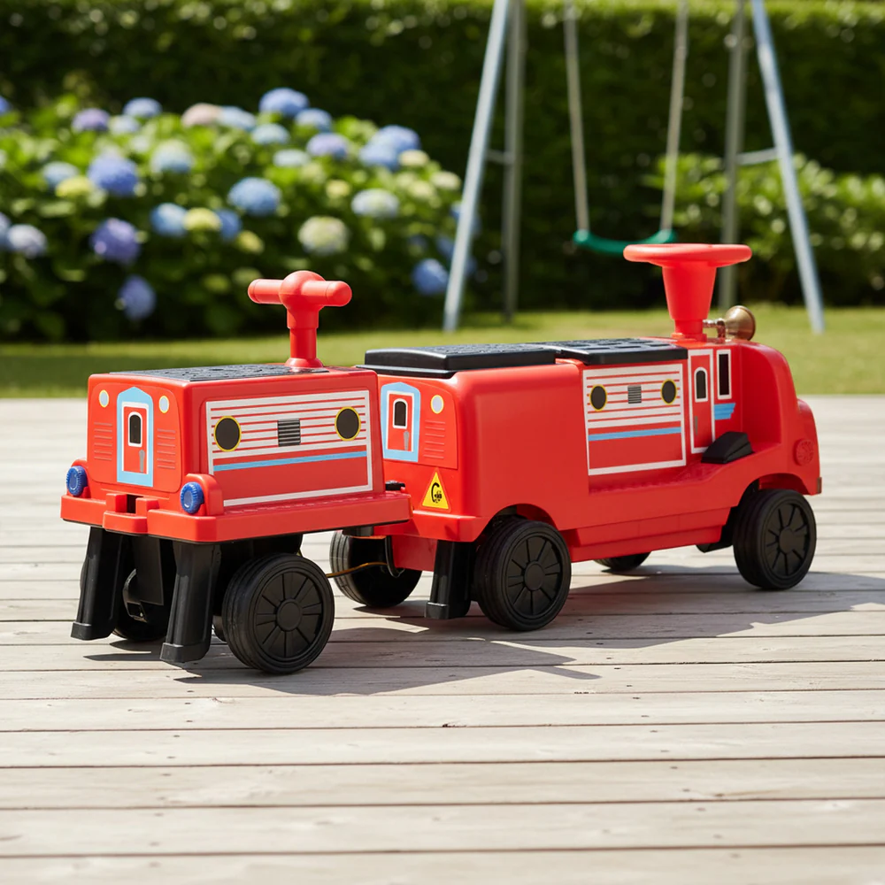 Trenulet electric CHUGGINGTON cu 2 vagoane extra, pentru 4 copii, 180W, 12V 7Ah roti moi, rosu [15]