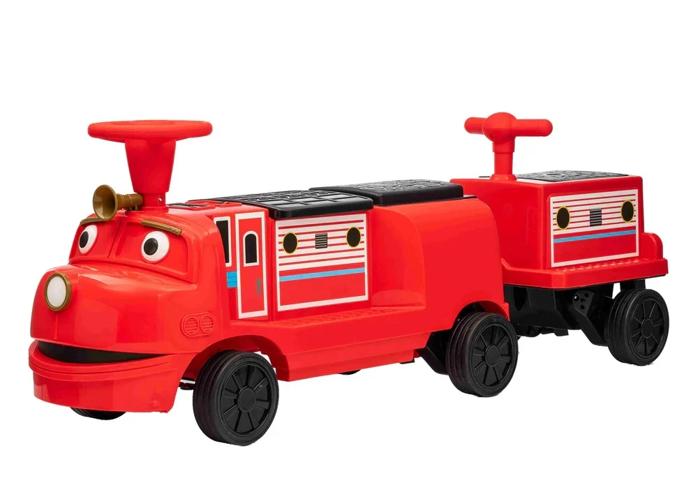 Trenulet electric CHUGGINGTON cu 2 vagoane extra, pentru 4 copii, 180W, 12V 7Ah roti moi, rosu [22]