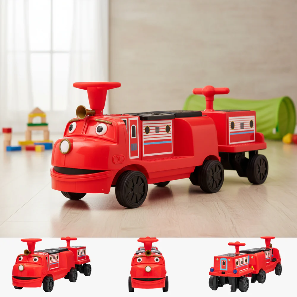 Trenulet electric CHUGGINGTON cu 2 vagoane extra, pentru 4 copii, 180W, 12V 7Ah roti moi, rosu [16]