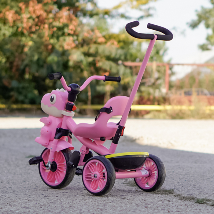 Tricicleta cu maner Kinderplay Dino 3 in 1 copii 1-4 ani, roti EVA, pedale, centura, compartiment depozitare, roz [7]