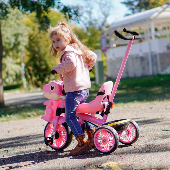 Tricicleta cu maner Kinderplay Dino 3 in 1 copii 1-4 ani, roti EVA, pedale, centura, compartiment depozitare, roz [3]