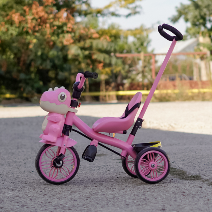 Tricicleta cu maner Kinderplay Dino 3 in 1 copii 1-4 ani, roti EVA, pedale, centura, compartiment depozitare, roz [6]