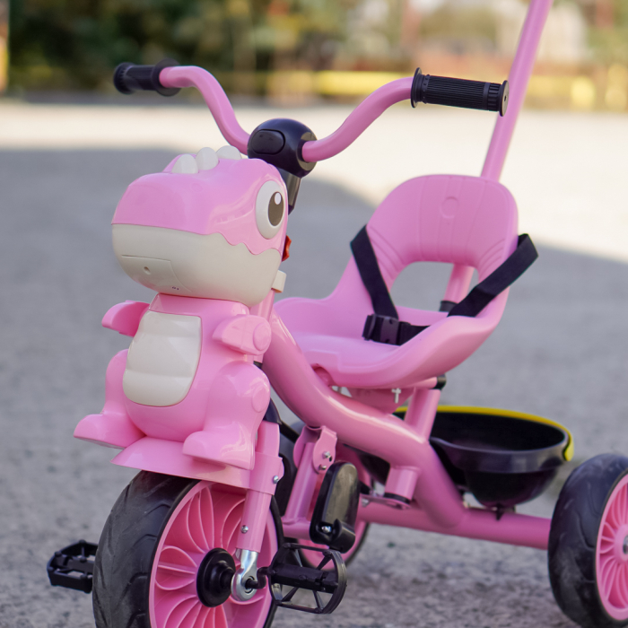 Tricicleta cu maner Kinderplay Dino 3 in 1 copii 1-4 ani, roti EVA, pedale, centura, compartiment depozitare, roz [12]