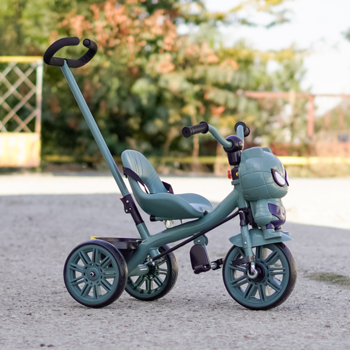 Tricicleta cu maner Kinderplay Spider 3 in 1 pentru copii, roti EVA, pedale, centura, compartiment depozitare, verde [5]
