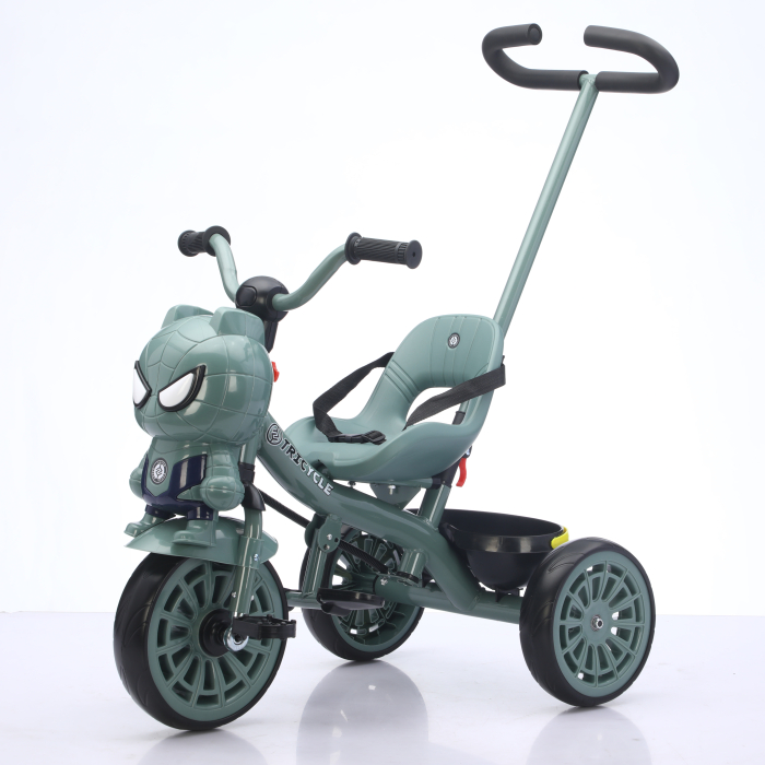 Tricicleta cu maner Kinderplay Spider 3 in 1 pentru copii, roti EVA, pedale, centura, compartiment depozitare, verde [2]