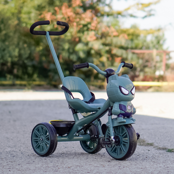 Tricicleta cu maner Kinderplay Spider 3 in 1 pentru copii, roti EVA, pedale, centura, compartiment depozitare, verde [2]