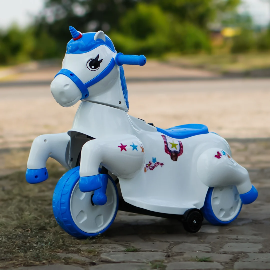 Tricicleta electrica Unicorn, pentru copii intre 1 si 4 ani, roti ajutatoare, music player, efecte sonore, albastra [3]