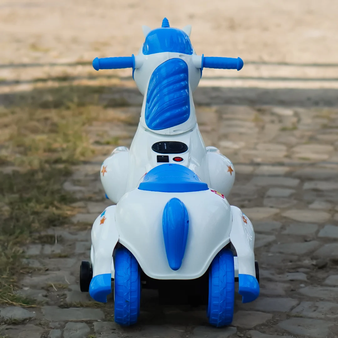 Tricicleta electrica Unicorn, pentru copii intre 1 si 4 ani, roti ajutatoare, music player, efecte sonore, albastra [7]