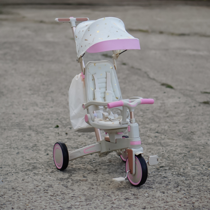 Tricicleta multifunctionala Kinderplay Baby 4-in-1, pentru copii de la 1 la 3 ani, pliabila si reglabila, roti moi, centura de siguranta, maner detasabil, roz [10]