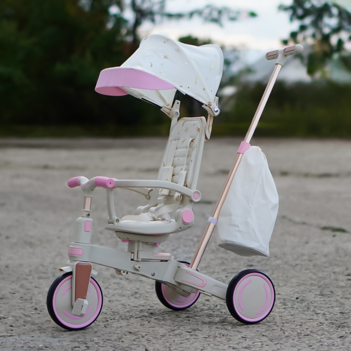 Tricicleta multifunctionala Kinderplay Baby 4-in-1, pentru copii de la 1 la 3 ani, pliabila si reglabila, roti moi, centura de siguranta, maner detasabil, roz [4]