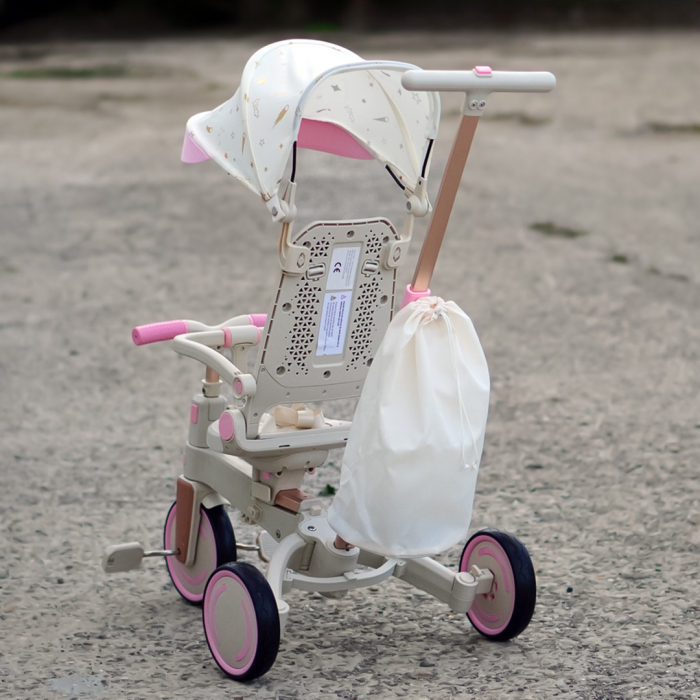 Tricicleta multifunctionala Kinderplay Baby 4-in-1, pentru copii de la 1 la 3 ani, pliabila si reglabila, roti moi, centura de siguranta, maner detasabil, roz [6]