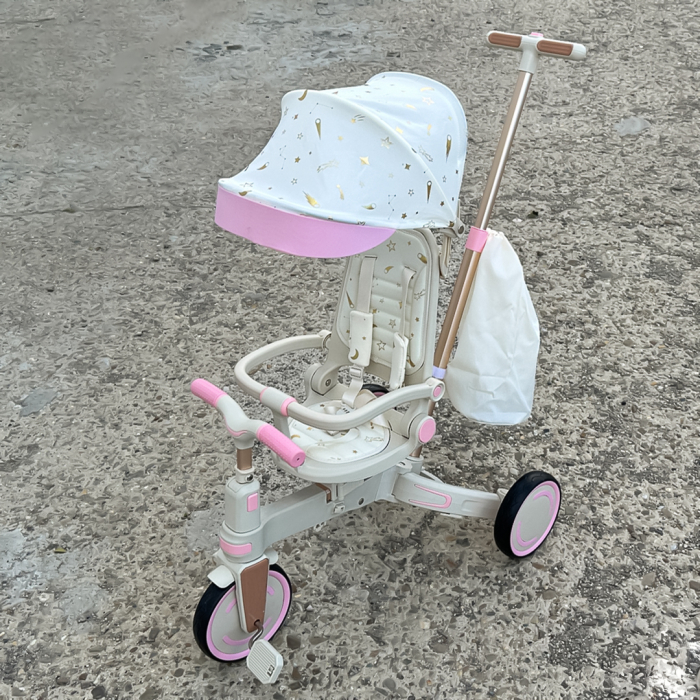 Tricicleta multifunctionala Kinderplay Baby 4-in-1, pentru copii de la 1 la 3 ani, pliabila si reglabila, roti moi, centura de siguranta, maner detasabil, roz [13]