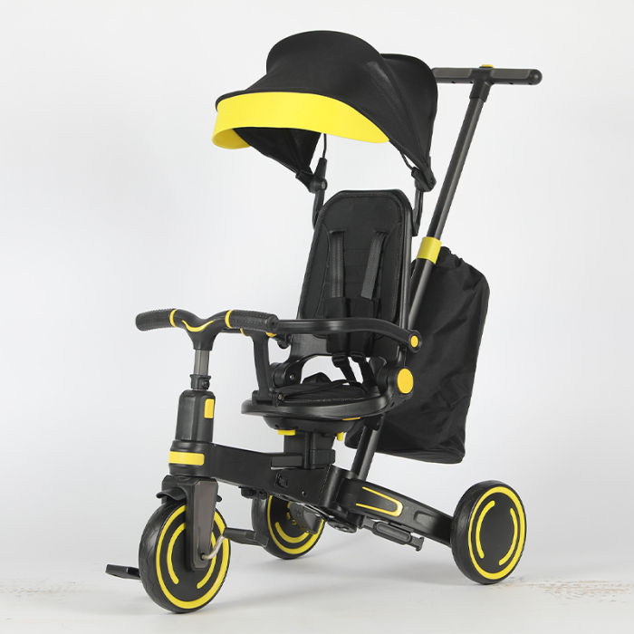 Tricicleta multifunctionala Kinderplay Baby 4-in-1, pentru copii de la 1 la 3 ani, pliabila si reglabila, roti moi, centura de siguranta, maner detasabil, galben [3]