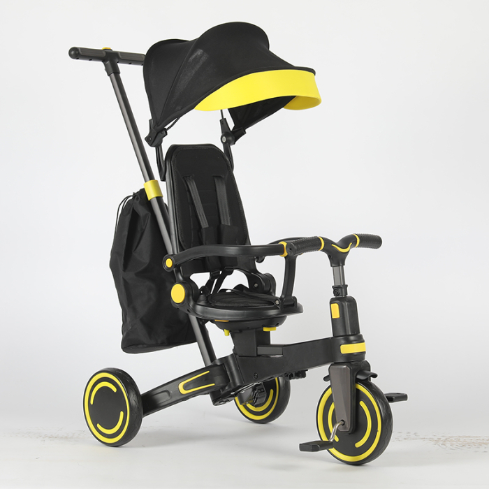 Tricicleta multifunctionala Kinderplay Baby 4-in-1, pentru copii de la 1 la 3 ani, pliabila si reglabila, roti moi, centura de siguranta, maner detasabil, galben [4]