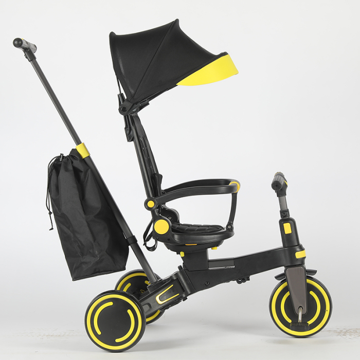 Tricicleta multifunctionala Kinderplay Baby 4-in-1, pentru copii de la 1 la 3 ani, pliabila si reglabila, roti moi, centura de siguranta, maner detasabil, galben [2]